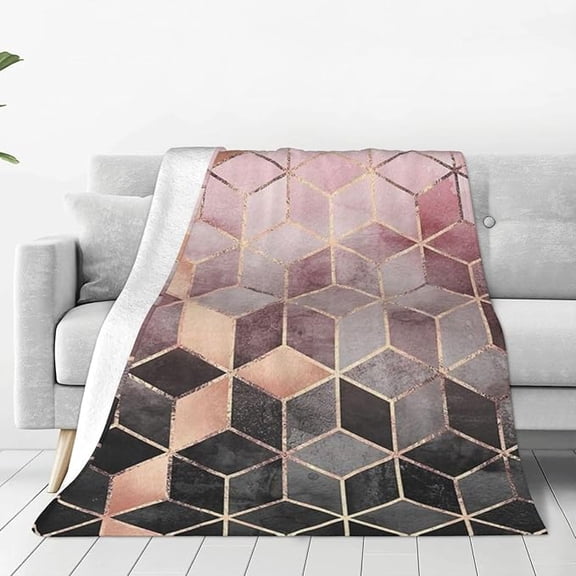 Nordic Style, Geometric Pattern Pink Rose, Gold Throw Blanket For Couch, Ultra Soft Micro Fleece Blanket Light Weight Anti Pilling Flannel Air Conditioning Blanket 60" x 80"
