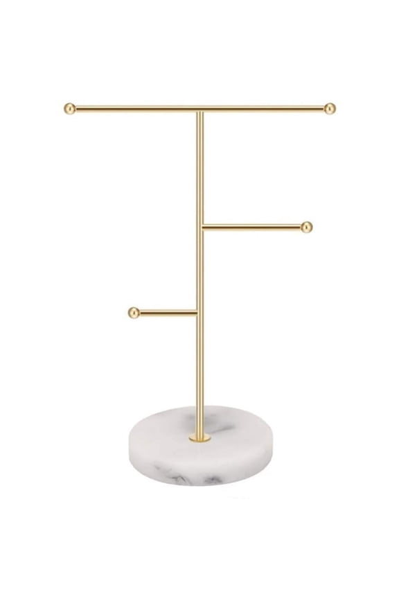Nordic Style Jewelry Stand with Marble Pattern Base Necklace Display Holder Rack T-Bar Metal Tabletop Hanging Pendant Bracelet Earrings Organizer Jewellery Tree