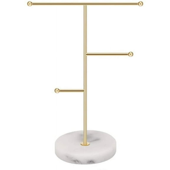 Nordic Style Jewelry Stand with Marble Pattern Base Necklace Display Holder Rack T-Bar Metal Tabletop Hanging Pendant Bracelet Earrings Organizer Jewellery Tree