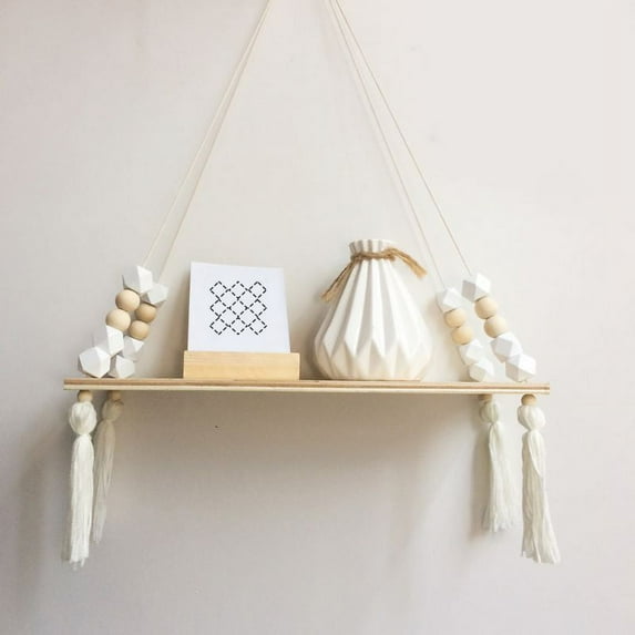 Nordic Style Kids Baby Room Wooden Beads Tassel Wall Shelf Room Storage Organization swing shelf Wall Hanging Decor White
