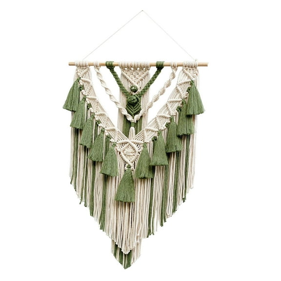 Nordic Style Macrame Tapestry Boho Handmade Woven with Tassels Pendant Fringe Ornament for Background Home Nursery Living Room Decor green
