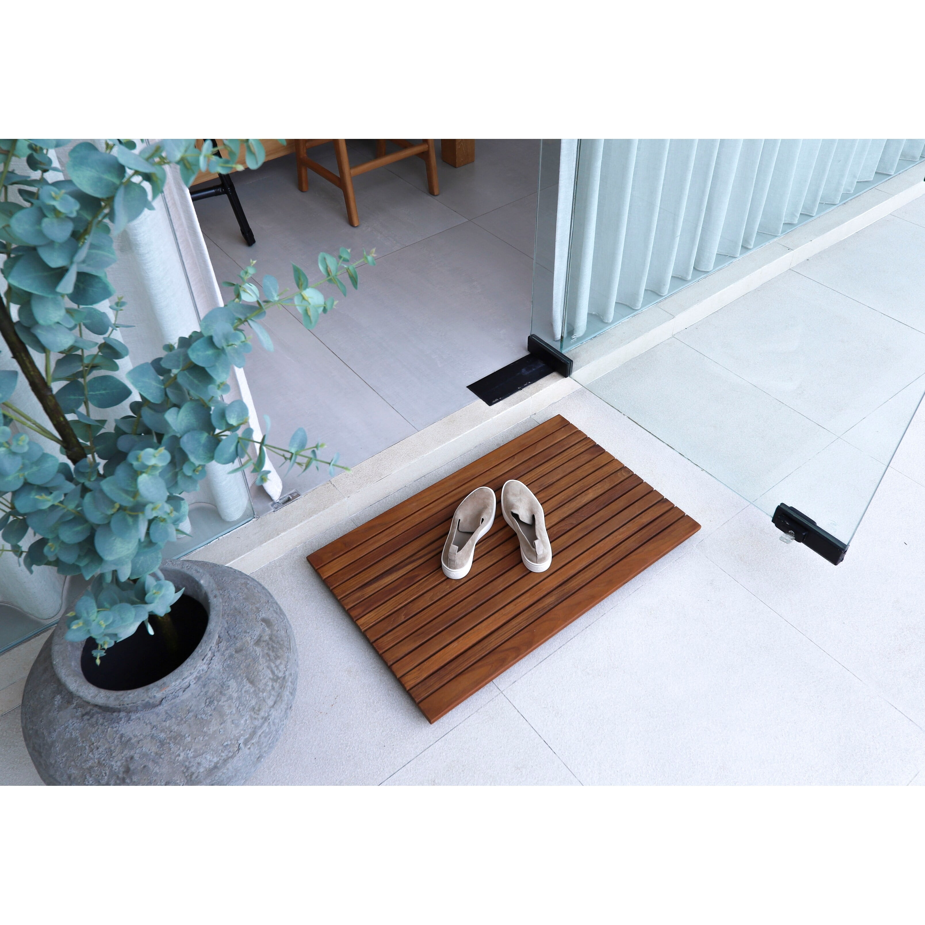 Nordic Style Oiled Extra Large Teak Indoor and Outdoor String Mat with Rubber Footing 59 in. x 35 in.
