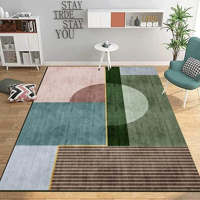 Nordic Style Room Rug, Green Brown Geometric Color Block Stitching Area ...