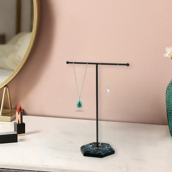 Nordic Style T-Shape Metal Jewelry Display Stand with Wooden Base, Sturdy Jewelry Organizer for Necklaces Bracelets Earrings, Easter Desktop Jewelry Storage and Display Decor for Vanity, 7*10in, C