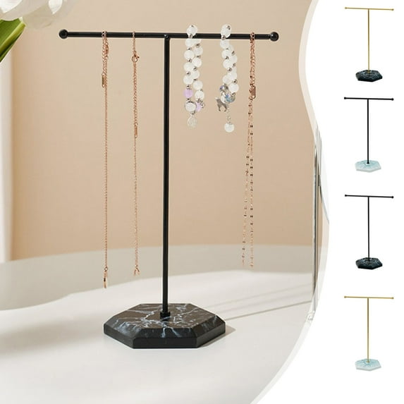 Nordic Style T-Shape Metal Jewelry Display Stand with Wooden Base, Sturdy Jewelry Organizer for Necklaces Bracelets Earrings, Easter Desktop Jewelry Storage and Display Decor for Vanity, 7*10in, B