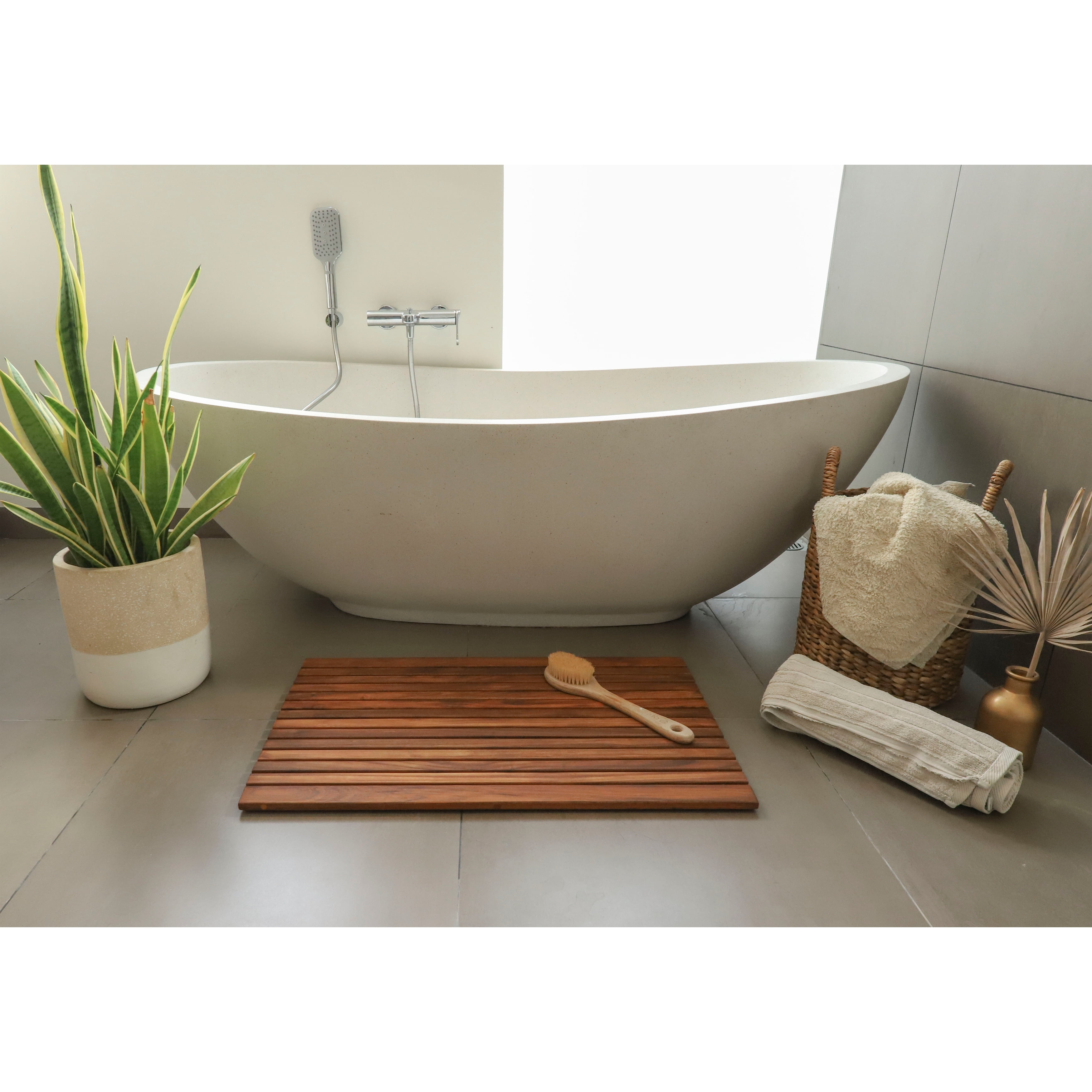 Nordic Teak Wood Bath Mat with Rubber Feet, 31.4" x 19.6"