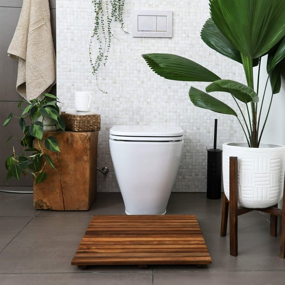 Nordic Style Teak Tropical Brown Wood Bath Rug, 19.6" x 19.6", Water Resistant