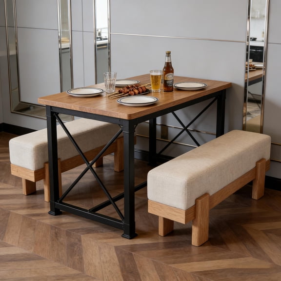 Nordic Style Upholstered Dining Bench with Wood Legs, Comfortable Kitchen Bench for Dining Table or Coffee Bar