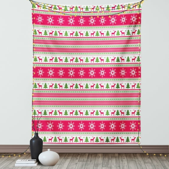 Nordic Tapestry, Classical Reindeers Snowflakes Trees Christmas Pattern Needlework Design, Wall Hanging for Bedroom Living Room Dorm Decor, 60W X 80L Inches, Pink Lime Green White, by Ambesonne