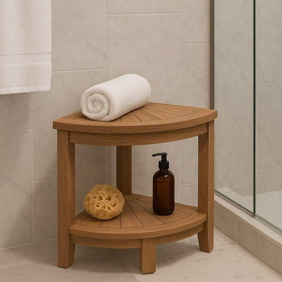 Nordic Teak 15" Shower and Bath Corner Stool with Shelf - Brown
