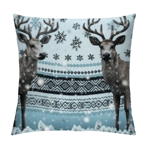 Nordic Throw Pillow Cover  Chevron Zigzags Winter Floral Arrangement Norwegian Reindeer Snow Pattern, Square Cushion Covers Decor for Bed Couch Sofa,  Black White Sky Blue