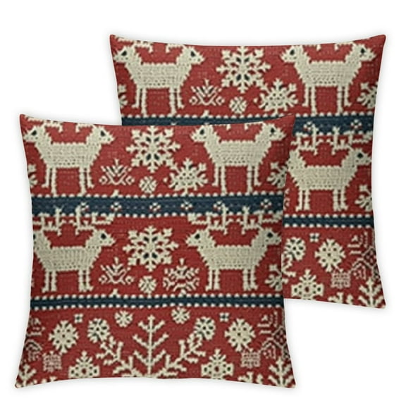 Nordic Throw Pillow Cushion Case, Traditional Northern Culture Pattern with Reindeer Snowflake and Floral Arrangement, Decorative Square Accent Pillow Cover, Red Beige