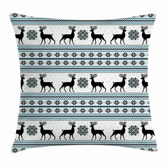 Nordic Throw Pillow Cushion Cover, Chevron Zigzags Winter Floral Arrangement Norwegian Reindeer Snow Pattern, Decorative Square Accent Pillow Case, 20 X 20 Inches, Black White Sky Blue, by Ambesonne