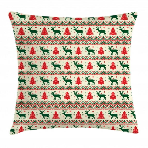 Nordic Throw Pillow Cushion Cover, Pixel Art Inspirations Christmas Ornamental December Reindeers Vintage, Decorative Square Accent Pillow Case, 20 X 20 Inches, Emerald Beige Scarlet, by Ambesonne