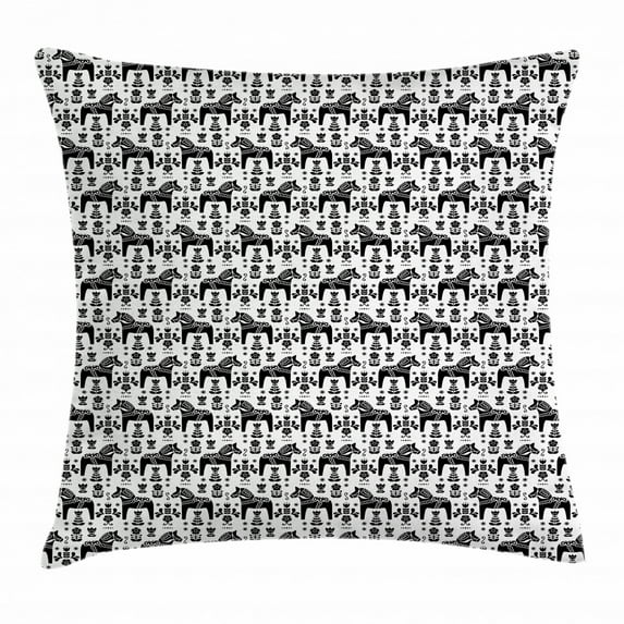 Nordic Throw Pillow Cushion Cover, Swedish Folk Art with Dalecarlian Horse Silhouettes and Ornate Flower Motifs, Decorative Square Accent Pillow Case, 18 X 18 Inches, Black and White, by Ambesonne