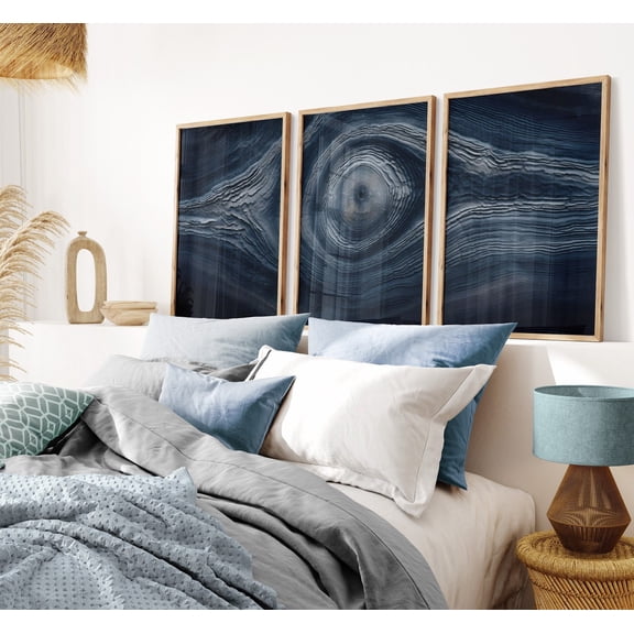 Nordic Tree Ring Abstract Wall Art Navy Set 3 Stretched Canvas 16x24