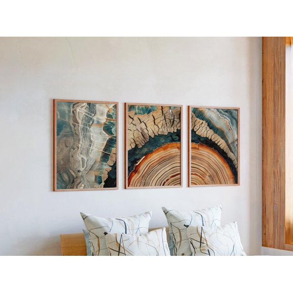 Nordic Tree Ring Glacial Blue And Brown Triptych Nature Gallery Set For Art Nordic Nature Wall Poster, , Poster Only