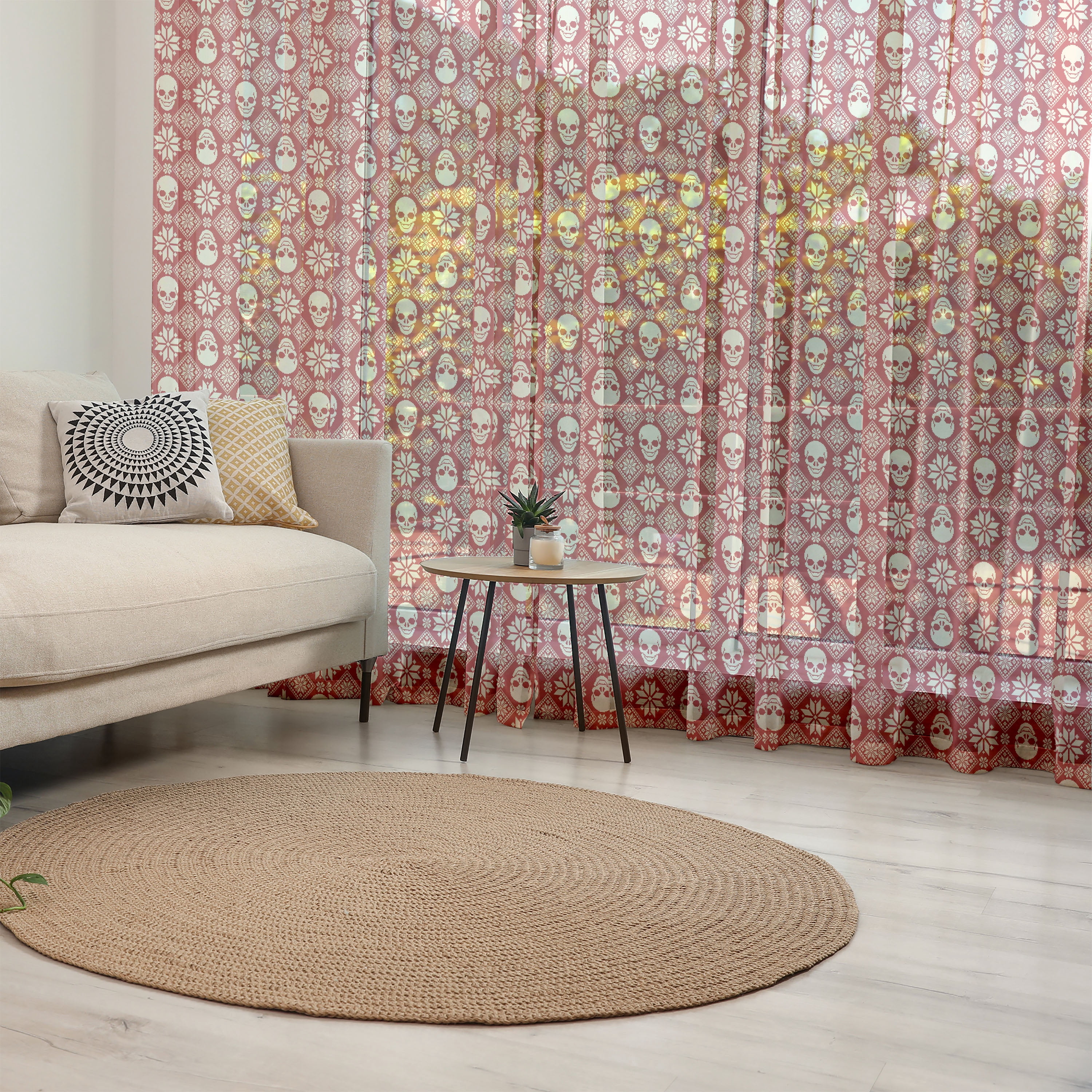 Nordic Tulle Curtains with Rod Pocket, Nordic Stitch Skull Pattern with ...