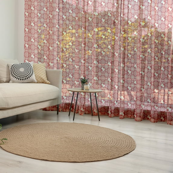 Nordic Tulle Curtains with Rod Pocket, Traditional Northern Culture Pattern with Reindeer Snowflake and Floral Arrangement, Sheer Drape for Wedding Party 2 Panels, 7 Sizes, Red Beige, by Ambesonne