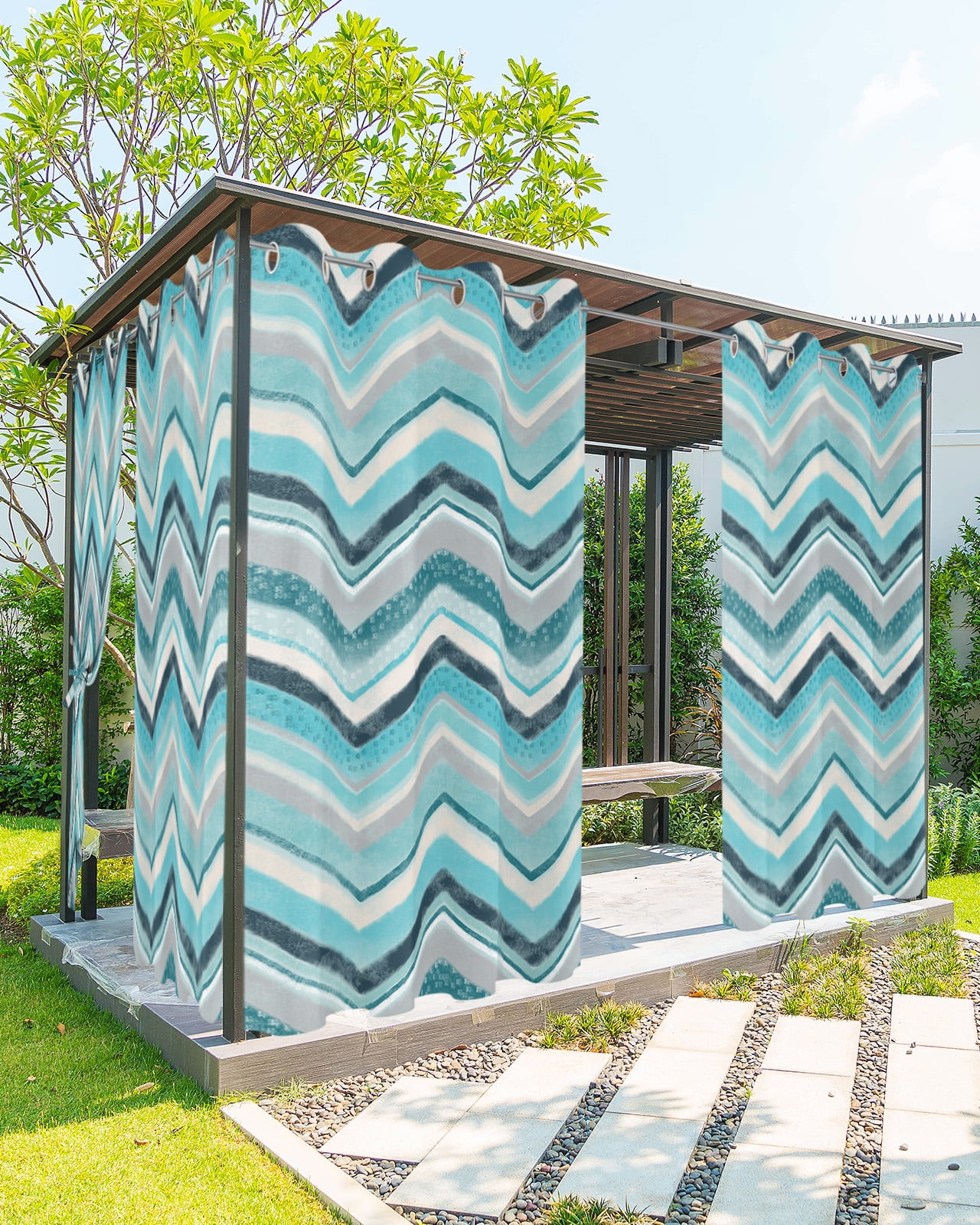 Nordic Turquoise Stripes Outdoor Curtains for Patio, Art Abstract Green Texture Privacy Drapes Grommet Waterproof Outside Curtains for Porch/Cabana/Balcony 54"x 84", 1 Panel