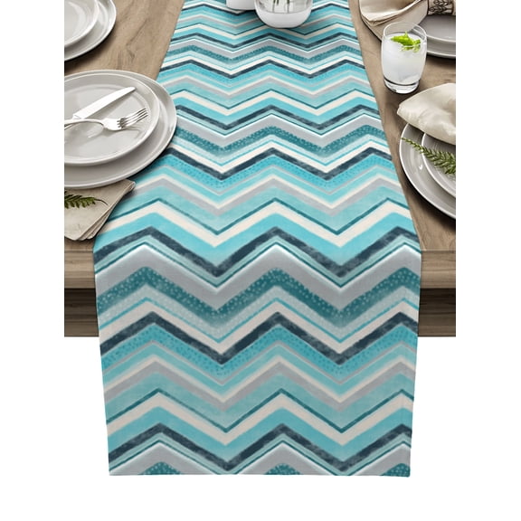 Nordic Turquoise Stripes Table Runner 48 Inches, Art Abstract Green Texture Bed Runner Dresser Scarves Tabletop for Indoor Outdoor Parties/Ceremony/Banquet, 13" x 48"