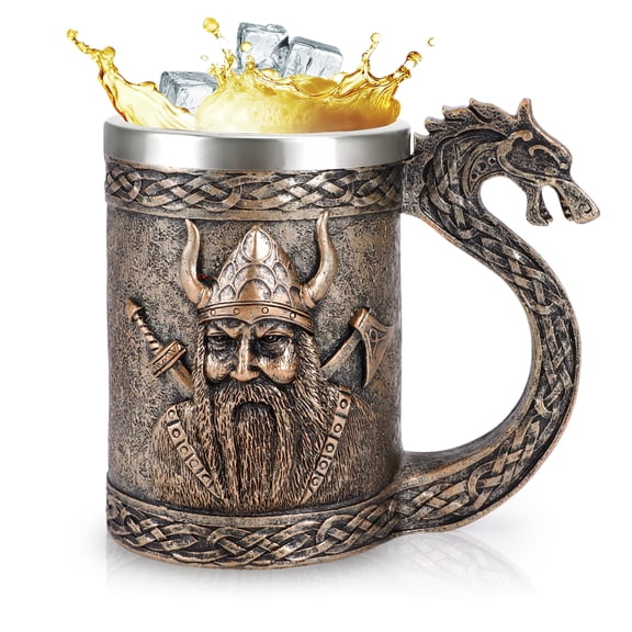 Nordic Viking Beer Mug, Dragonship Viking Warrior Coffee Cup Resin Hand Crafts with Stainless Steel Liner for Men Fathers Day Birthday Christmas Gift, 20oz