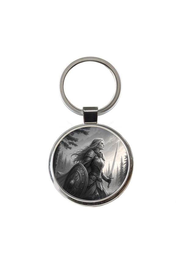 Nordic Viking Fantasy Woman Warrior Black And White Metal Round Keychain