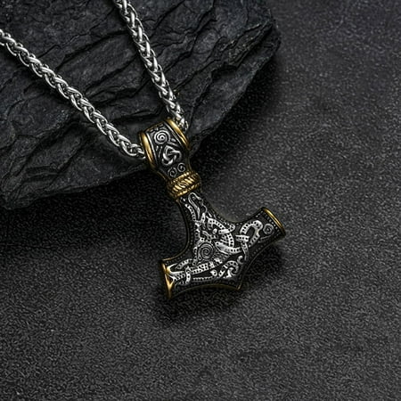 Nordic Viking Hammer Pendant Necklace for Men Party Vintage Odin with 14K White Gold Chain Jewelry