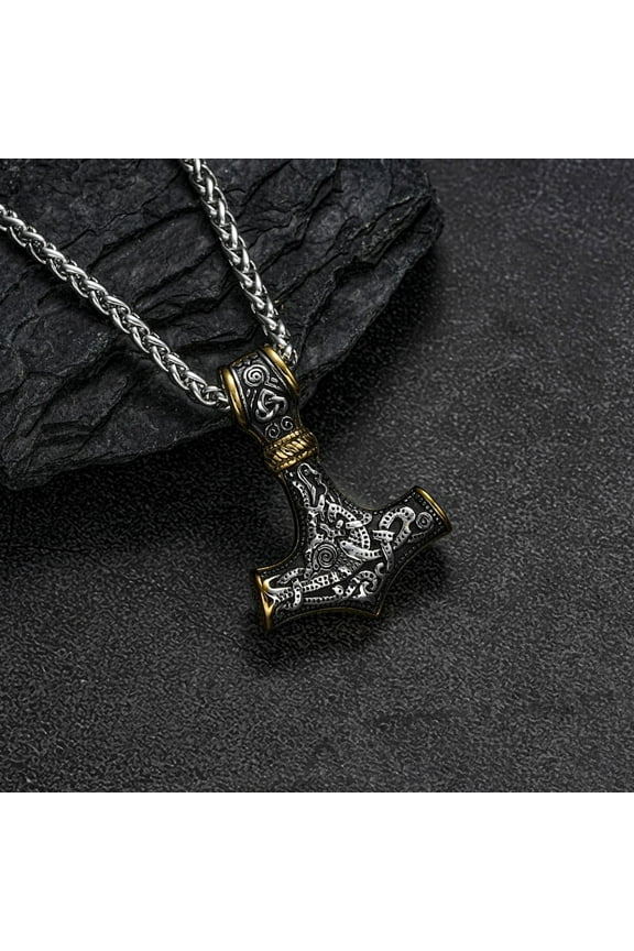 Nordic Viking Hammer Pendant Necklace for Men Party Vintage Odin with 14K White Gold Chain Jewelry
