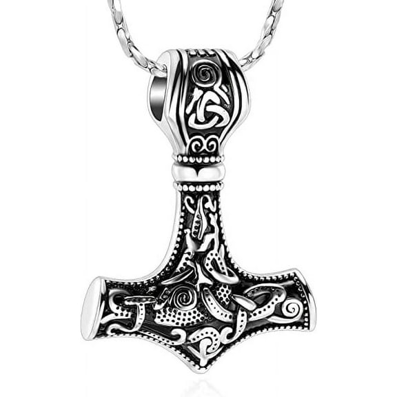 Nordic Viking Mjolnir Thor Hammer Cremation Jewelry for Ashes for Women Men Stainless Steel Celtic Knot Urn Necklace Pendant for Ashes Holder Keepsake Memorial Jewelry