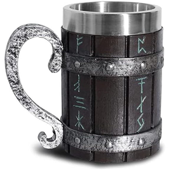 Nordic Viking Mug,Oak Wooden Beer Stein Stainless Steel Liner,Nordic mythology Viking Runes Tankard Coffee Cup for Men Father’s Day Gift 18oz.