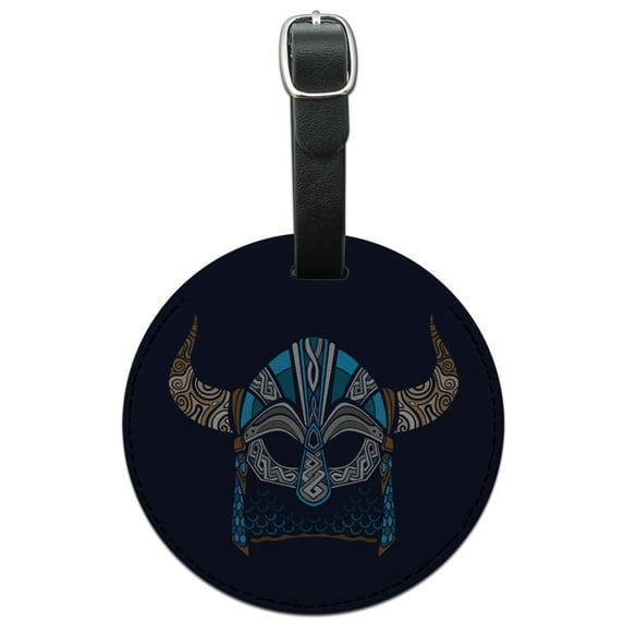 Nordic Viking Warrior Helmet with Horns Round Leather Luggage Card Suitcase Carry-On ID Tag