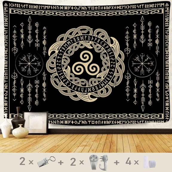 Nordic Vikings Tapestry, 80x60inches Soft Flannel, Viking Triskele Knot Celtic Rune Scandinavian Aesthetic Mythology Tapestry Wall Hanging for Bedroom Living Room Decor GTZYFS1819