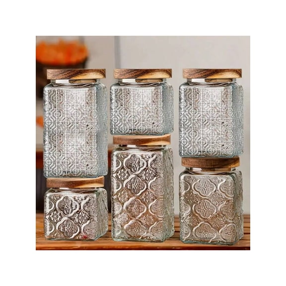 Three-Piece Vintage Nordic Style Glass Storage Jar Set with Floral Patterns, Square Clamshell Design for Kitchen Pantry Organization