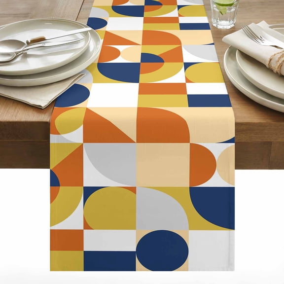 Nordic Vintage Table Runner 13x36 inch Yellow Blue Geometric Abstract Art Cotton Linen Dining Table Runner Ideal for Dresser Kitchen Coffee Tables - Machine Washable