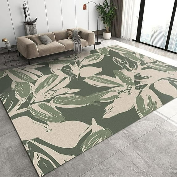 Nordic Vintage Watercolor Art Area Rugs, Green Beige Abstract Flowers Leaves Bedroom Rug, Anti-Skid Bedside Decor Entrance Rug For Nursery Kids Bedroom Bedside Living Room Office 3 x 4ft