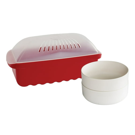 Nordic Ware Microwave Plastic Pasta Set, Microwave Red Pasta Cooker and 2 White Bowls