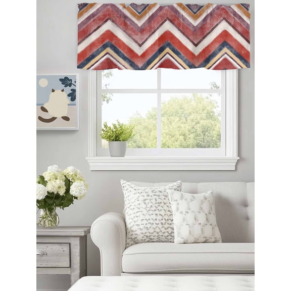 Nordic Wave Chevron Twill Lines Valances for Windows,Kitchen Valance Rod Pocket Short Curtain, Retro Geometric Colorful Stripes Valance Curtain Window Valances for Bedroom Bathroom 60x18in