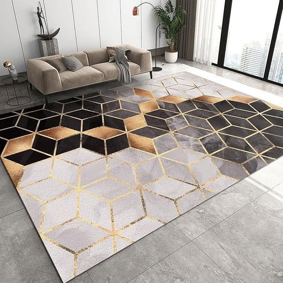 Nordic White And Gold Square Geometry Area Rug For Bedroom, Luxury Gold Line Design Rugs For Living Room, Soft Cozy Breathable Non-Slip Throw Rugs For Office Dining Table Sofa 5 x 8ft