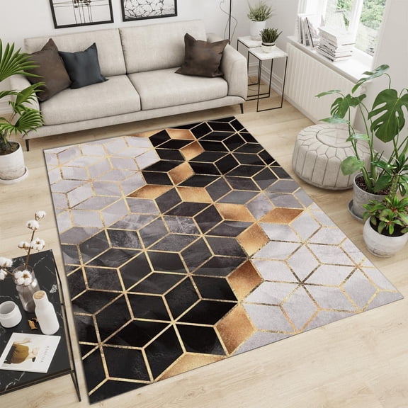 Nordic White And Gold Square Geometry Area Rugs, Luxury Gold Line Design Bedroom Rugs, Comfortable To The Feet For Kids Teen Girls Boys Bedroom Living Room Classroom