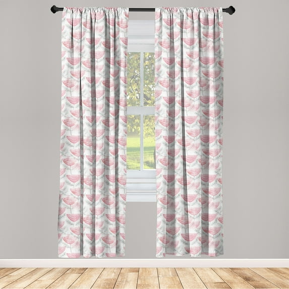Nordic Window Curtains, Scandinavian Style of Flowers Abstract Design Repetitive Artwork, Lightweight Decor 2-Panel Set with Rod Pocket, Pair of - 28"x95", Pastel Pink and Pale Grey, by Ambesonne