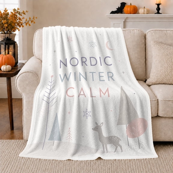 Nordic Winter Calm Quote with Deer and Abstract Trees, Minimal Scandinavian Art, Soft Pastel Snow Scene Warm Flannel Blanket, Christmas Gift for Bedroom and Nursery Home Decor