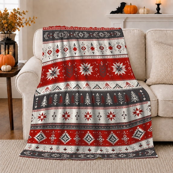 Nordic Winter Holiday Star Pattern, Festive Holiday Scene, Warm Flannel Blanket for Living Room and Reading Nook with Detailed Artwork, Art Lovers Christmas Gift, Festive Home Decor