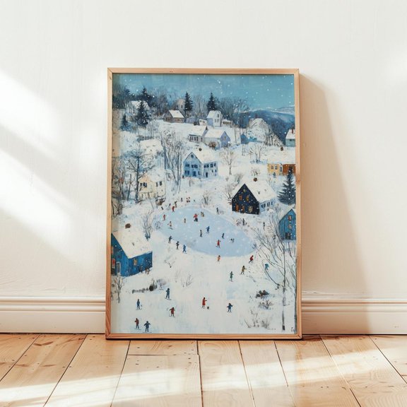 Nordic Winter Landscape Wall Art Whimsical Village Scene, Unframed Canvas Size 8x12