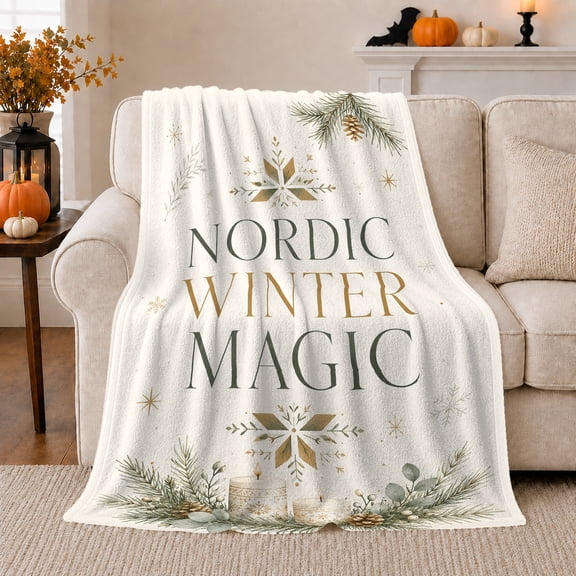 Nordic Winter Magic Quote with Snowflakes, Serene Holiday Style for Christmas Lovers, Evergreen Snow Motif and Christmas Gift, Cozy Flannel Blanket for Living Room and Bedroom, Home Decor