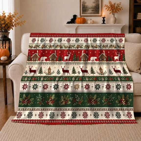 Nordic Winter Snowflake Deer Cabin Pine Berry Holiday Pattern Flannel Blanket For Holiday Fans, Cozy Red Green Home Decor For Bedroom Living Room Christmas Gift