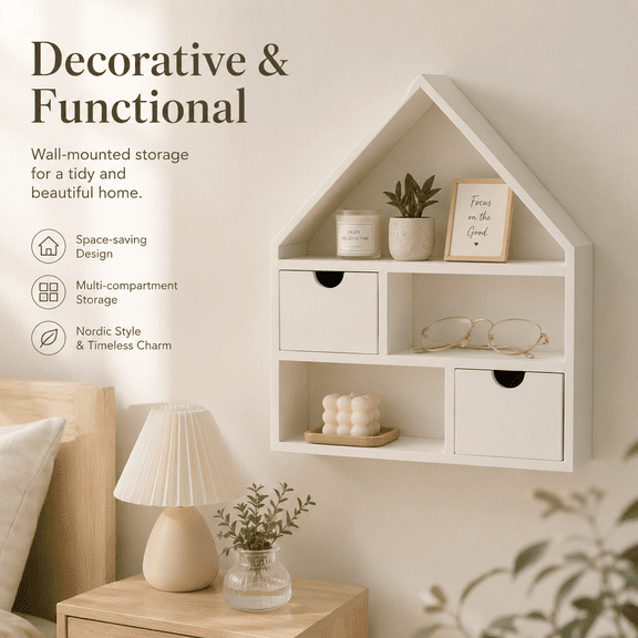 Nordic Wooden House-Shaped Wall Mounted Storage Shelf with Drawers, Entryway Organizer Decorative Wall Shelf for Keys, Small Items and Home Decor
