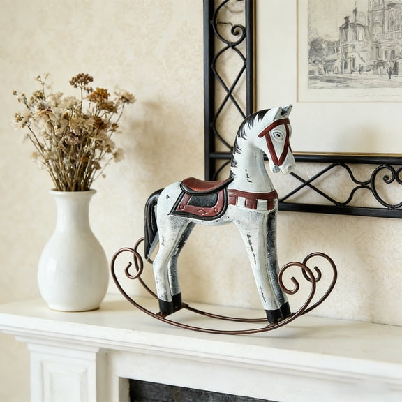 Nordic Wooden Rocking Horse Table Decor Ornament – Nostalgic Retro Style Pine Horse Craft, White Gray, 9.45 x 9.06 x 1.97 in, Stable Base, Home Decoration
