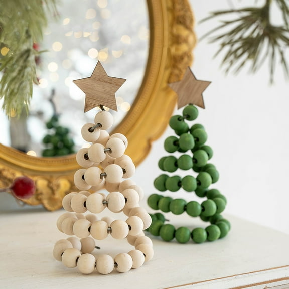 Nordic Wooden Spiral Christmas Tree Ornament Rustic Beaded Boho Christmas Tree Figurine for Home Office Farmhouse Centerpiece