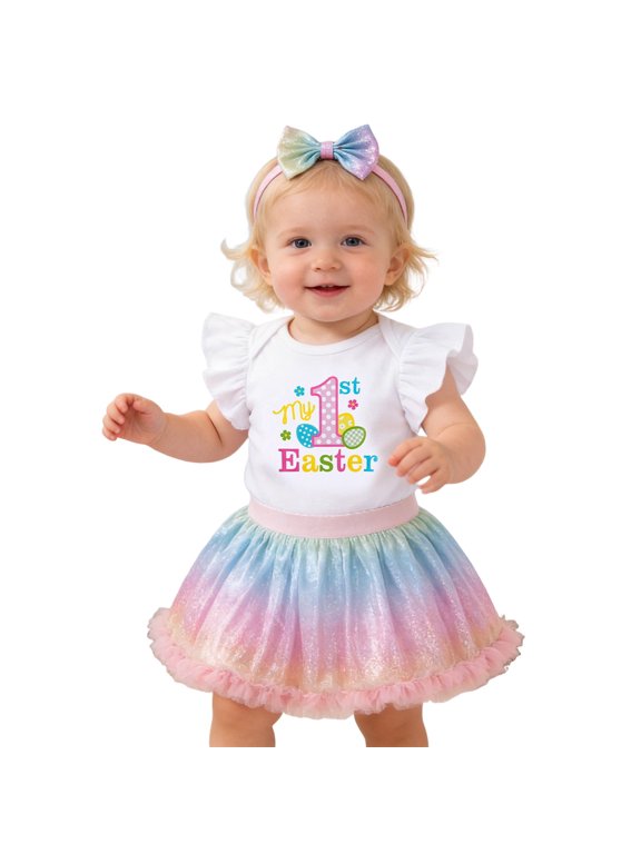Baby Girl First Easter Outfit 2PCS My 1st Birthday Romper Tutu Skirt Set for Cake Smash Photo